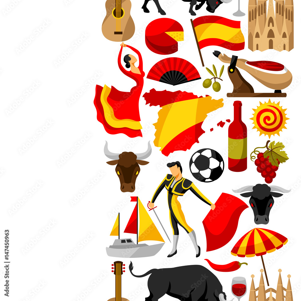 Fototapeta premium Spain seamless pattern. Spanish traditional symbols and objects
