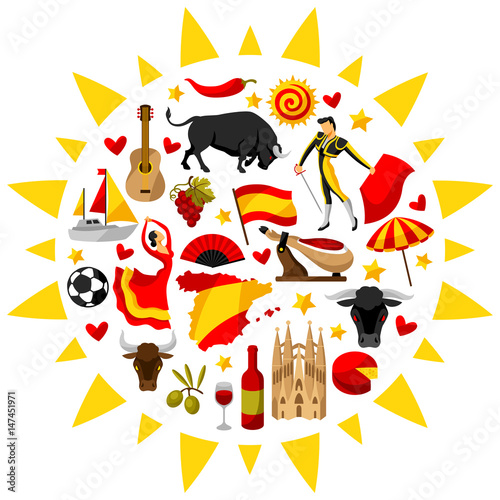Spain background in shape of sun. Spanish traditional symbols and objects