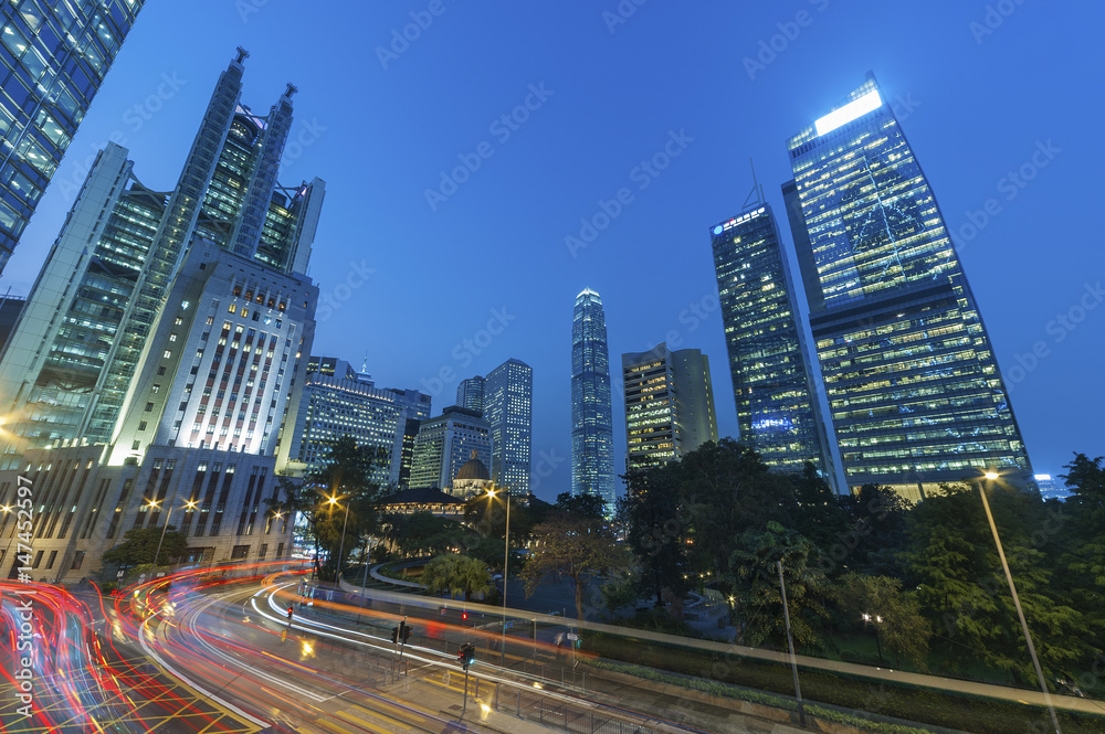 Night traffic and skyline of Hong Kong city
