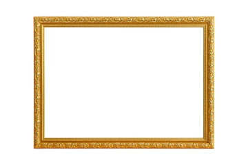 Gold picture frame on white background.