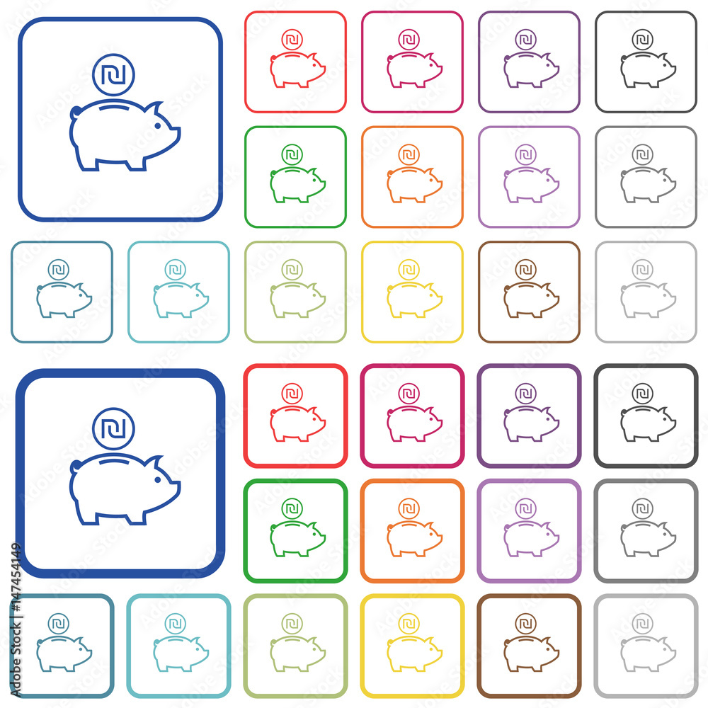 Israeli new Shekel piggy bank outlined flat color icons Israeli new Shekel piggy bank outlined flat color icons