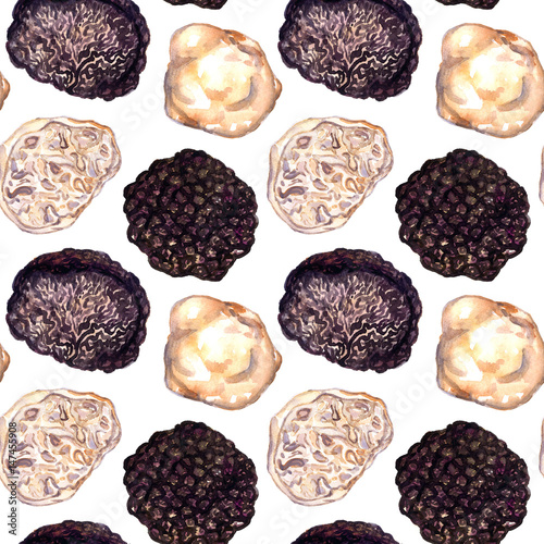 Black Perigord and White Truffles, seamless pattern design, hand painted watercolor illustration