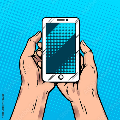 Smart phone in hands comic book style vector