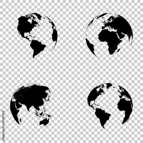Set 3d earth globe on isolated background. Earth globe black icons. Earth globe isolated on transparent background
