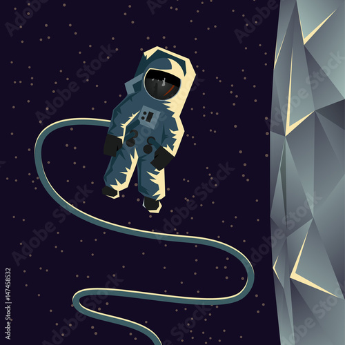 Astronaut spacewalk near the moon. Flat geometric space illustration.