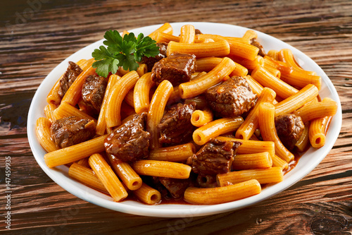 Healthy meal of Italian rigatoni noodles with beef