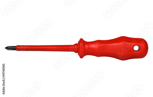 Phillips insulated 1000V red screwdriver for electritian on white background, isolated with clipping path