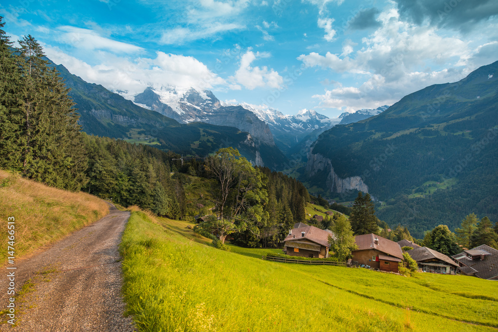 Fantastic landscape with housesnear Lauterbrunnen in the Swiss Alps. Switzerland, Europe