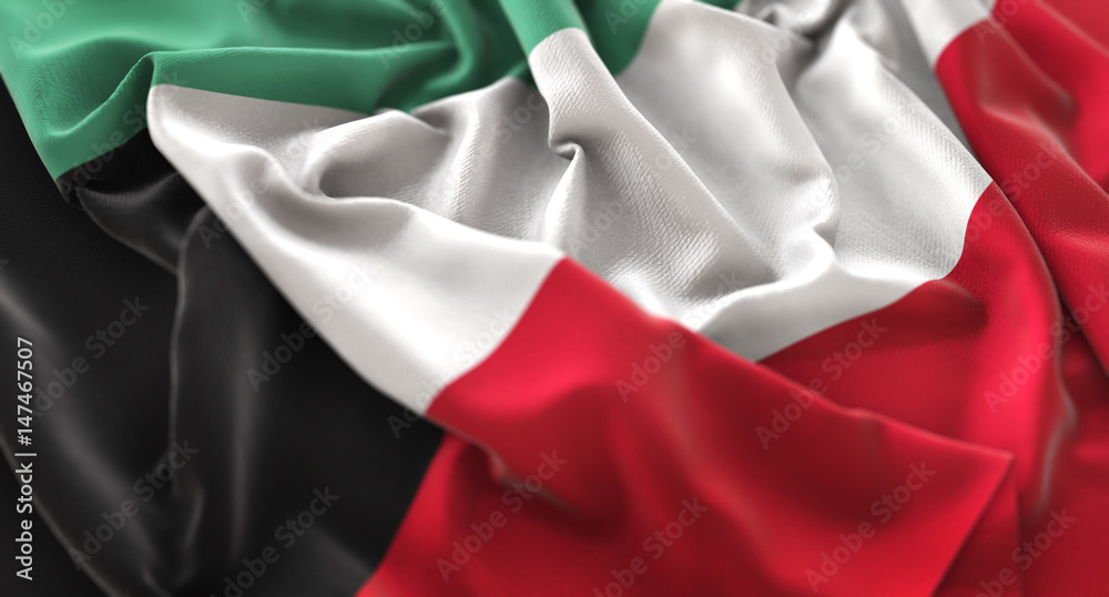 Kuwait Flag Ruffled Beautifully Waving Macro Close-Up Shot