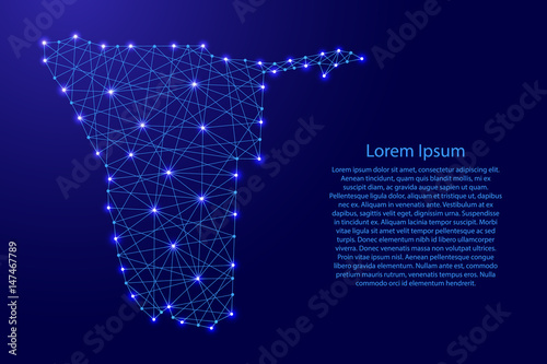 Map of Namibia from polygonal blue lines and glowing stars vector illustration