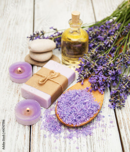 Spa products and lavender flowers