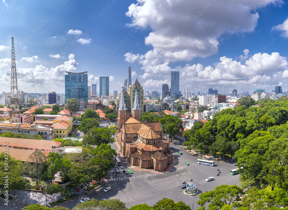 Ho Chi Minh City, Vietnam - May 1st, 2017: Aerial view Notre Dame Cathedral Basilica beauty buildings over a hundred years old, so far skyscraper Economic Development in Ho Chi Minh City, Vietnam
