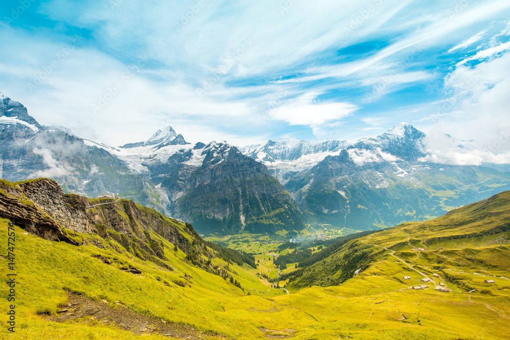 The dramatic landscape of Grindelwald valley in Swiss Alps near Eiger, Switzerland, Europe.