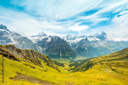 The dramatic landscape of Grindelwald valley in Swiss Alps near Eiger, Switzerland, Europe.