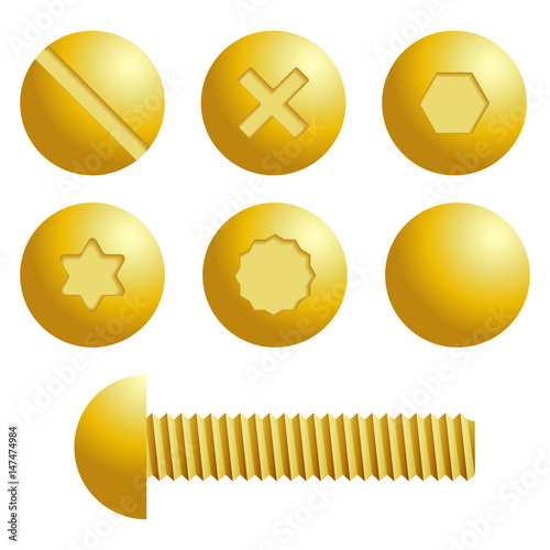 Set of metal screws, bolts icons. Isolated vector illustration