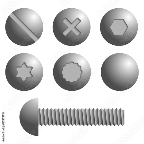 Set of metal screws, bolts icons. Isolated vector illustration
