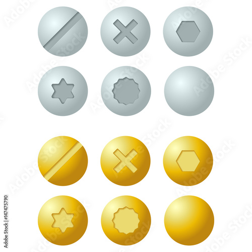 Set of metal screws, bolts icons. Isolated vector illustration