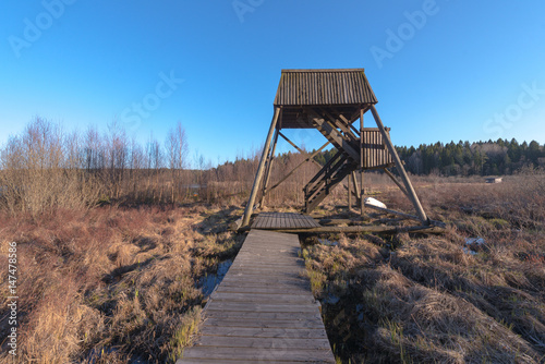 Tower for bird watching over a wetland during spring