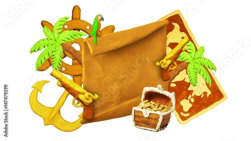 Title plate, Map, Helm, Treasure chest, Parrot, Palms, Anchors and Pistols. Alpha matte. Claymation. 4K