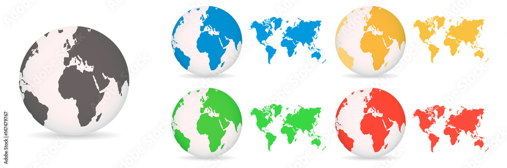 Globes with World Maps different colored on a white background