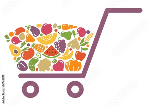 Stylized image of a shopping cart of vegetables and fruits