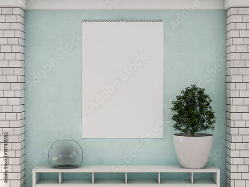 Blank design calendar template on a wall with soft shadows. 3D rendering