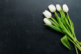 White tulips on a dark background with copy space