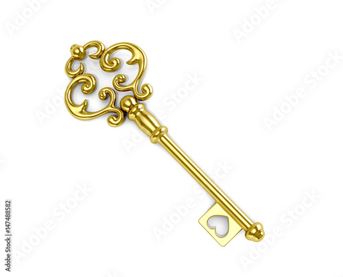 Golden key on a white background. Key from heart. 3D illustration.