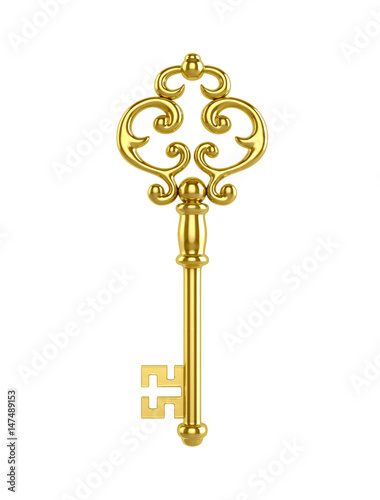 Gold key on a white background. 3D illustration.