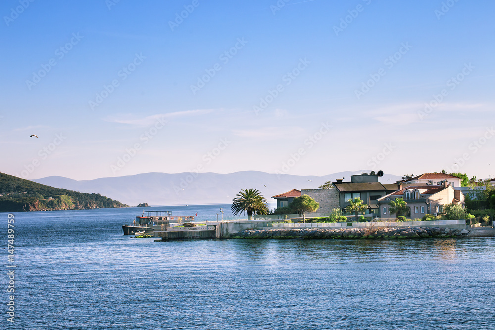 Fragment of the island with palm trees and cottages in the sea Fragment of the island with palm trees and cottages in the sea