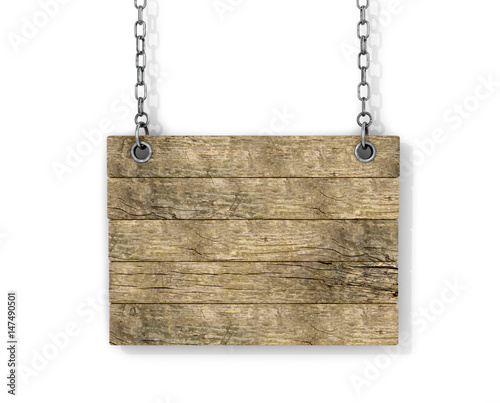 Wooden sign on the chains. 3D illustration.