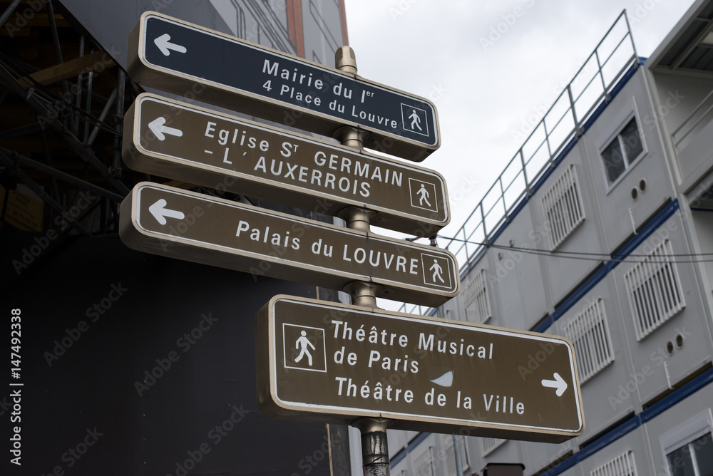 Sign post pointing towards famous landmarks and tourist sites in Paris,France