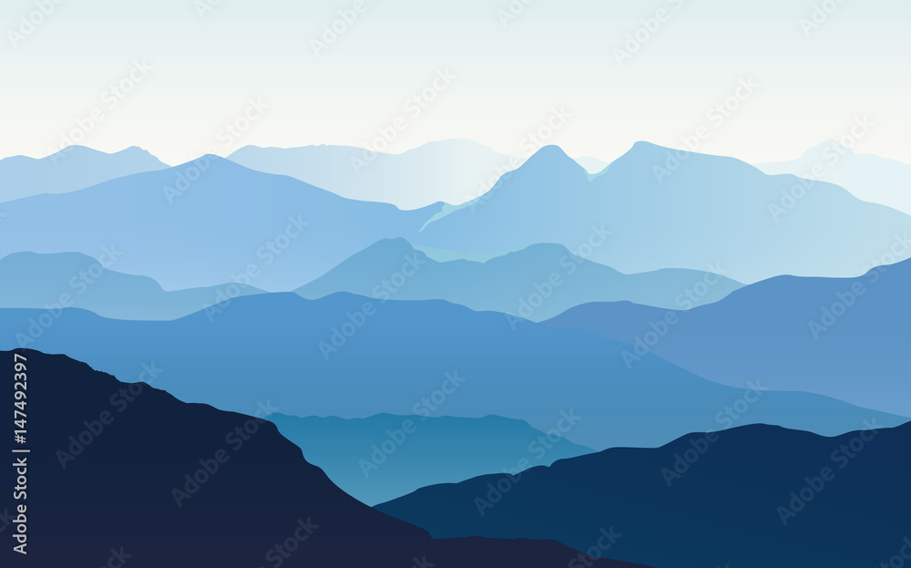 Landscape with blue silhouettes of mountains and light blue sky - vector illustration - obrazy, fototapety, plakaty 