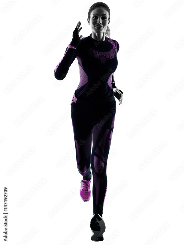 one young caucasian woman runner running jogger jogging isolated silhouette shadow on white background one young caucasian woman runner running jogger jogging isolated silhouette shadow on white background