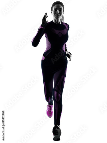 one young caucasian woman runner running jogger jogging isolated silhouette shadow on white background