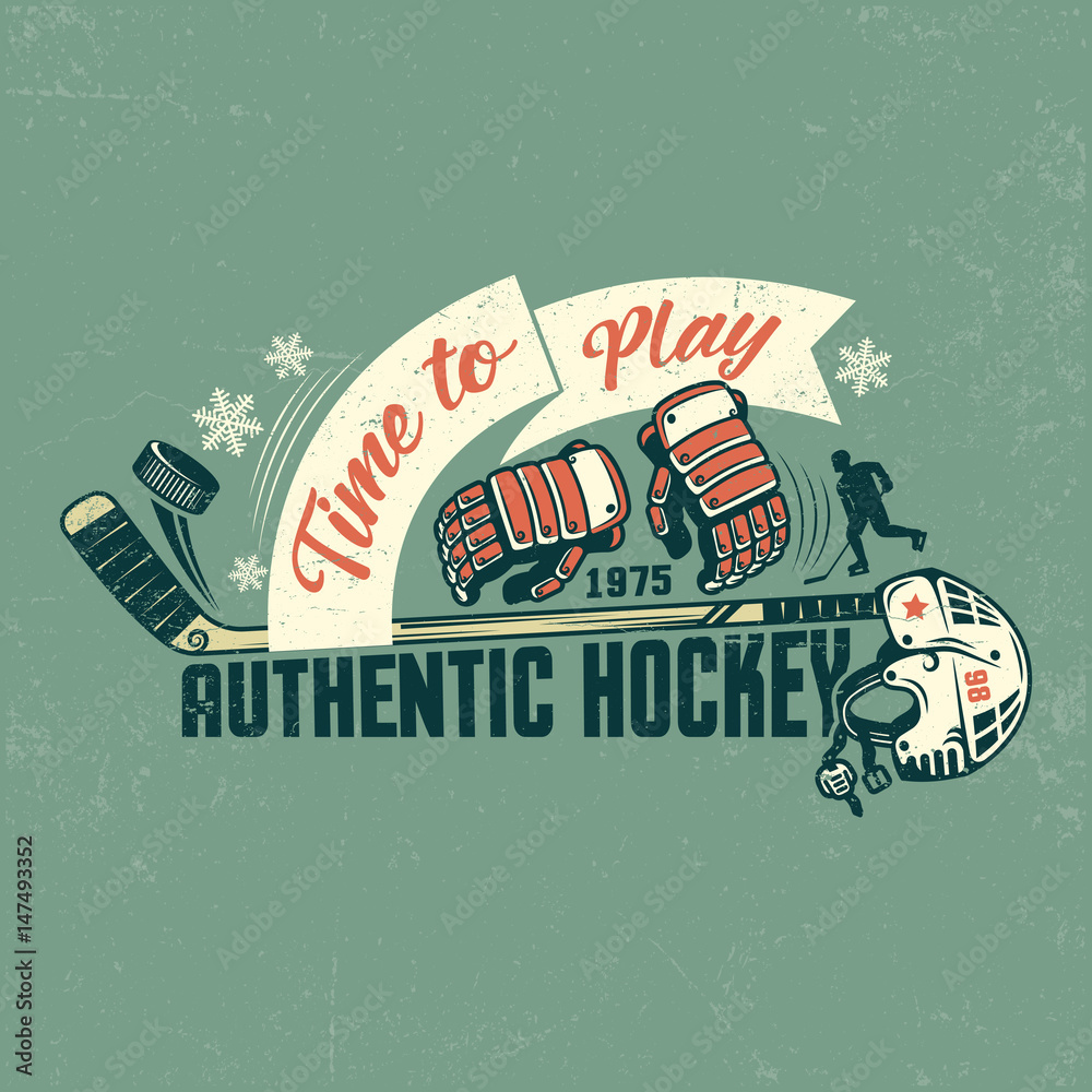 Naklejka premium Retro hockey poster with stick, gloves, helmet and ribbon. Shabby texture on separate layers and can be easily disabled