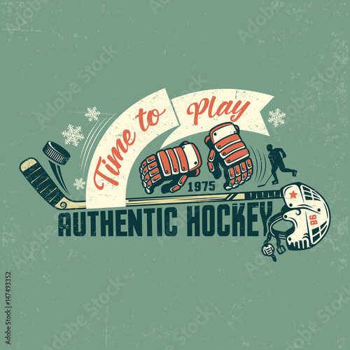 Retro hockey poster with stick, gloves, helmet and ribbon. Shabby texture on separate layers and can be easily disabled