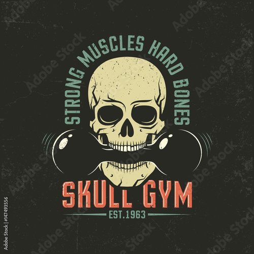 Vintage color emblem with a skull and dumbbell. Grunge texture on separate layers and can be easily disabled.