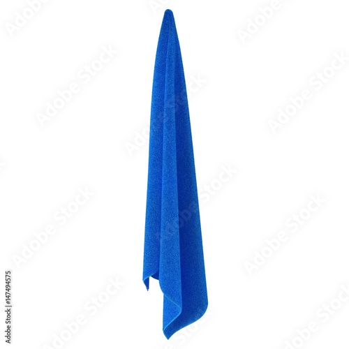 Hanging Bathroom Blue Towel on white. 3D illustration