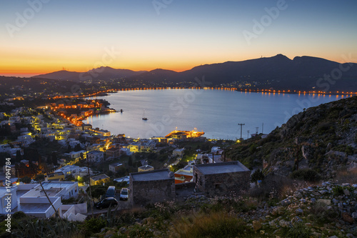 View of Agia Marina village on Leros island in Greece at sunset. 