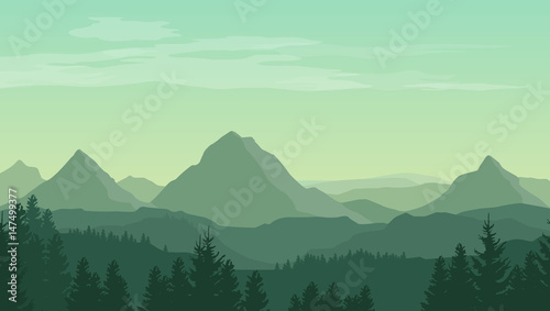 Naklejka Krajobraz z zielonymi sylwetkami góry, wzgórza, las i chmury w niebie - wektorowa ilustracja