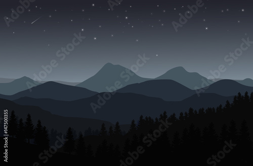 Night landscape with silhouettes of mountains, hills and forest and stars in the sky - vector illustration © Kateina