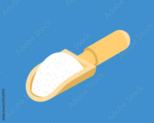Flour in Wooden scoop isolated isometry. Cereals or Sugar in Table spoon for eating