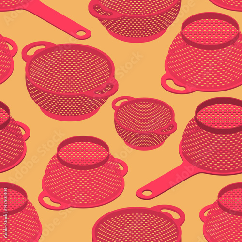 Colander seamless pattern. Pastafarianism cap background. Kitchen utensils texture.