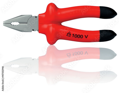 Insulated 1000V red pliers hand tool for electrician on white background with reflection