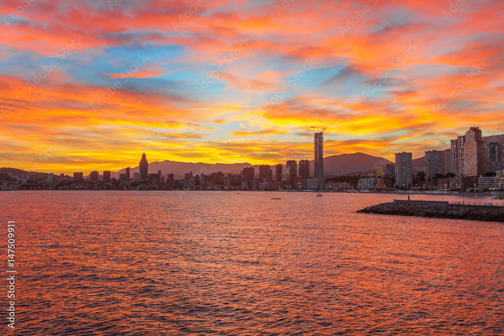 Benidorm city orangy red twilight scenery