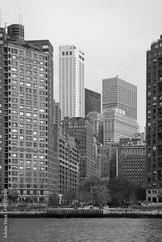 Black and white view of Manhattan taken from Hudson river, USA