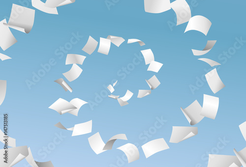 Empty papers flying in spiral with blue sky in the background - vector illustration
