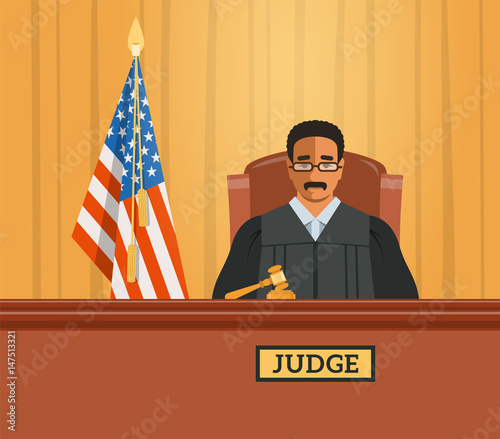 Judge black man in courtroom at tribunal with gavel and american flag. Judicial cartoon background. Civil and criminal cases public trial. Vector flat illustration.