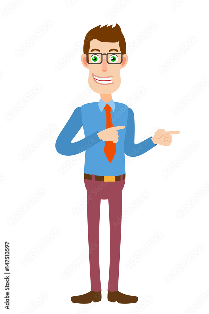 Businessman pointing something beside of him Businessman pointing something beside of him
